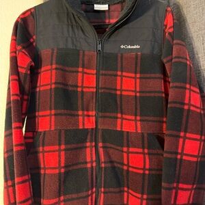 Columbia Black Jacket with Red Plaid Fleece Panels